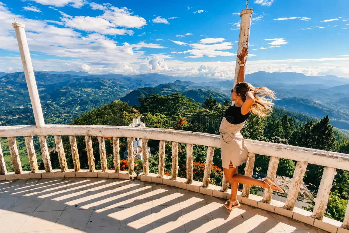 A visitor at a white-railed viewpoint with mountains in the distance