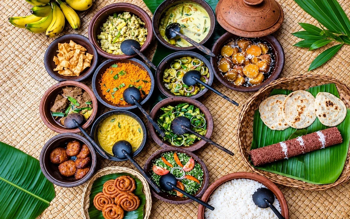 An overhead spread of Sri Lankan rice, curries, roti, fruit and sweets