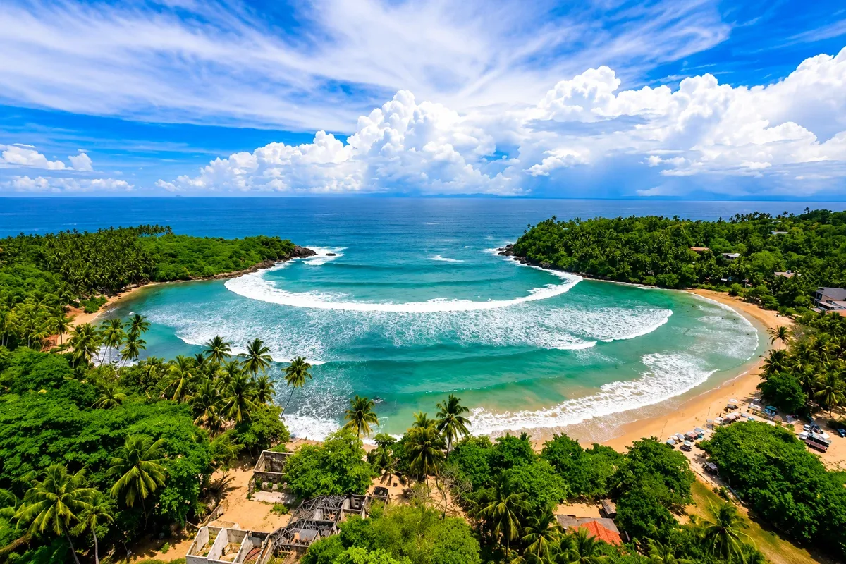 Aerial view of a curved sandy bay surrounded by palm trees and green headlands