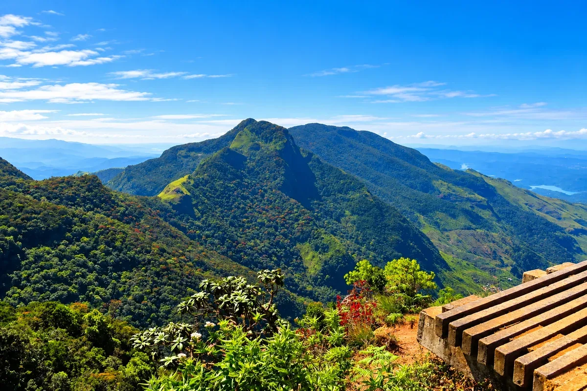 A viewpoint overlooking green mountains and distant valleys