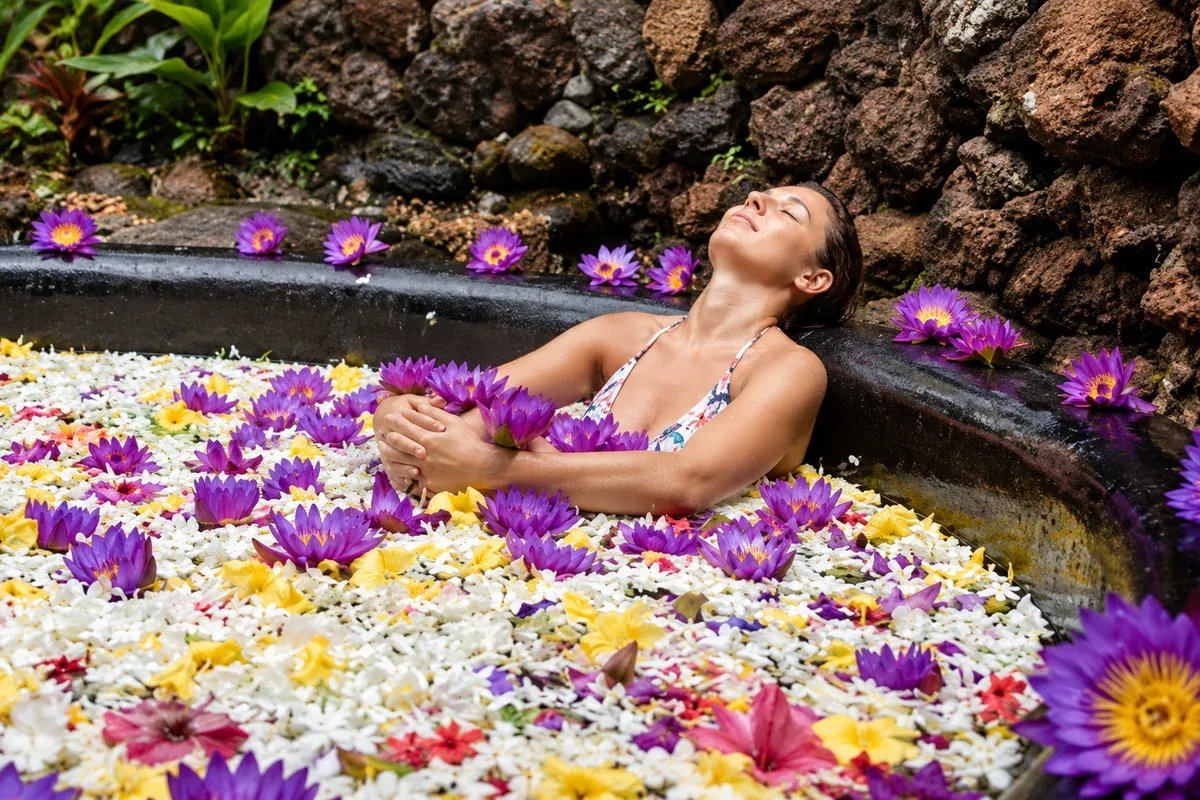 A woman resting in an outdoor bath filled with colourful flowers