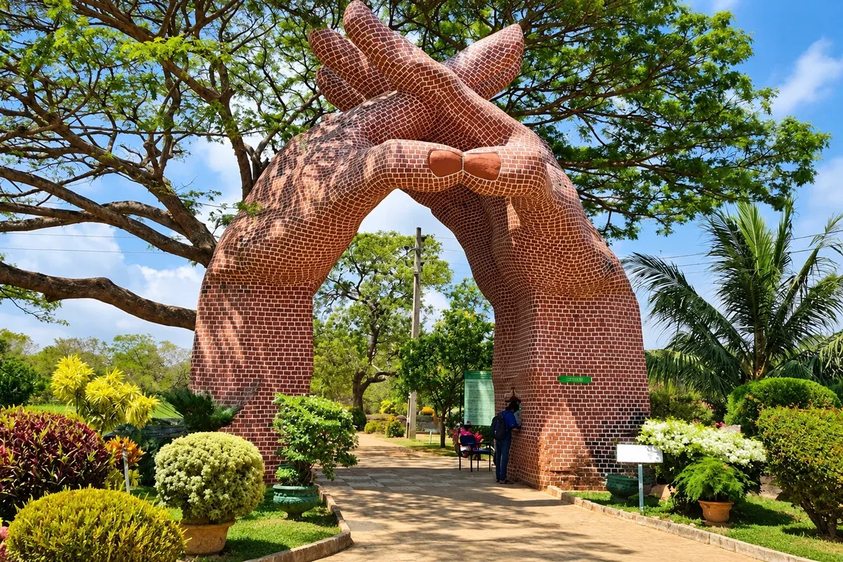 A brick entrance shaped like two hands surrounded by garden plants