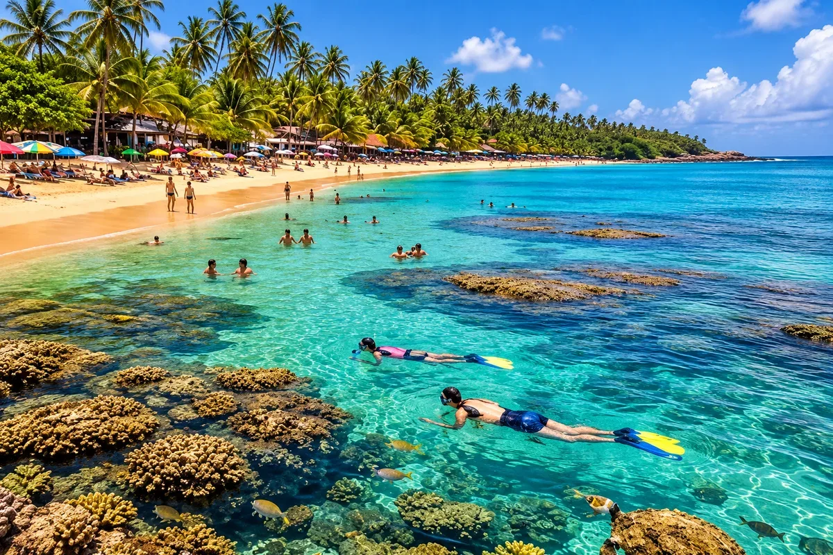 People swimming and snorkelling beside a palm-lined beach in Hikkaduwa
