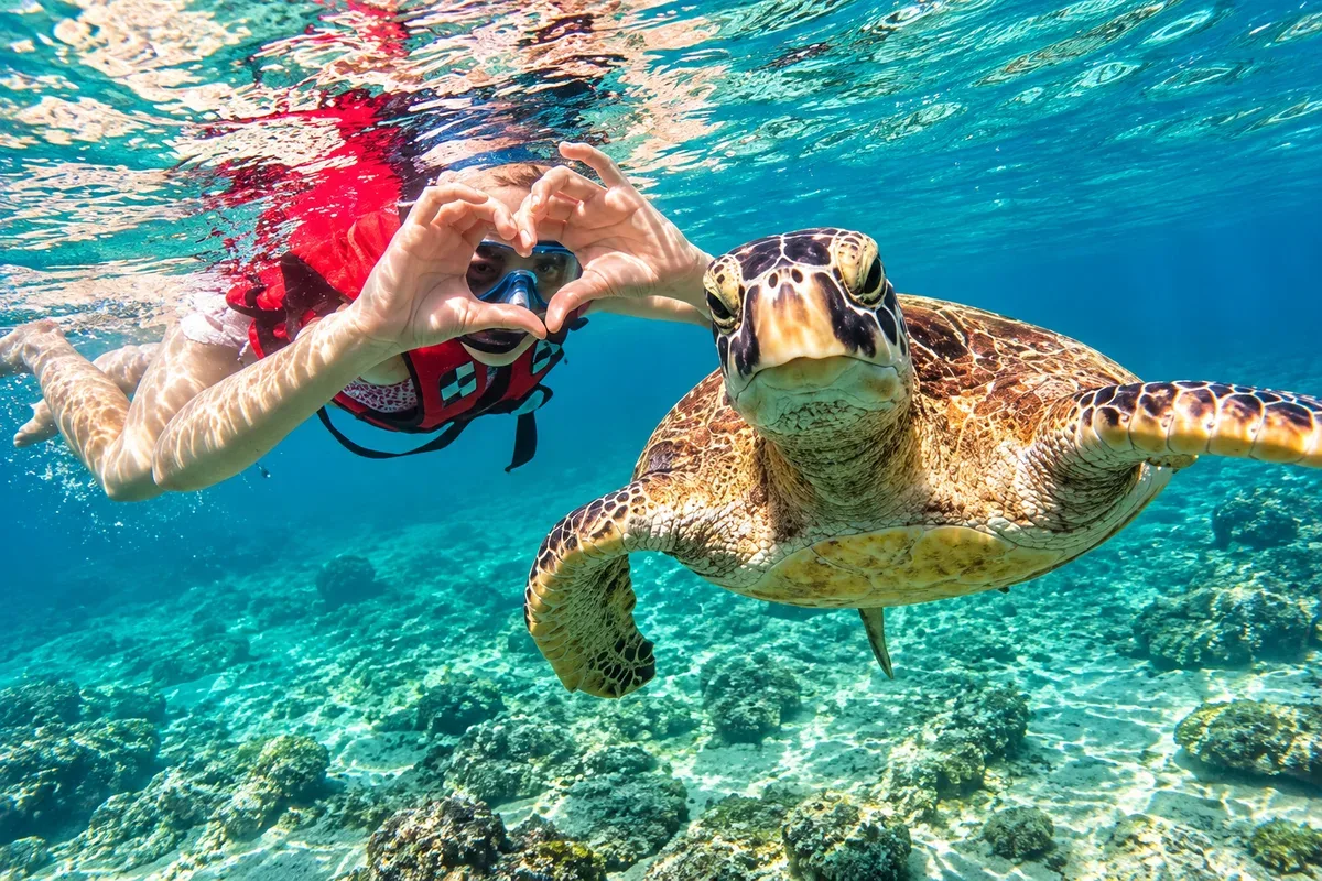 A snorkeller swimming beside a sea turtle in clear water