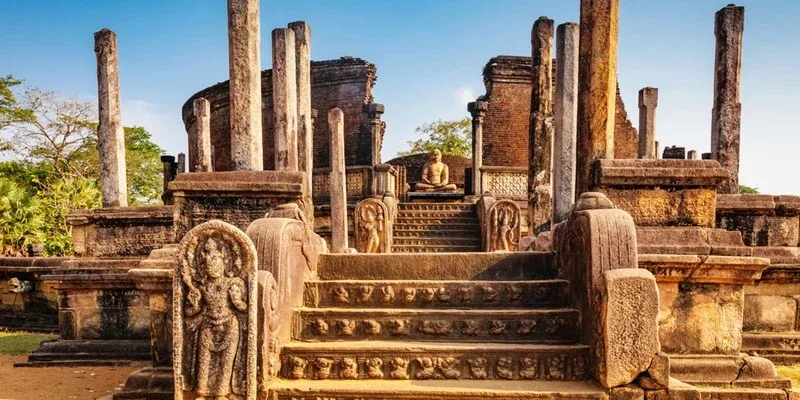 Ancient stone steps, carved guardians and temple ruins in Polonnaruwa
