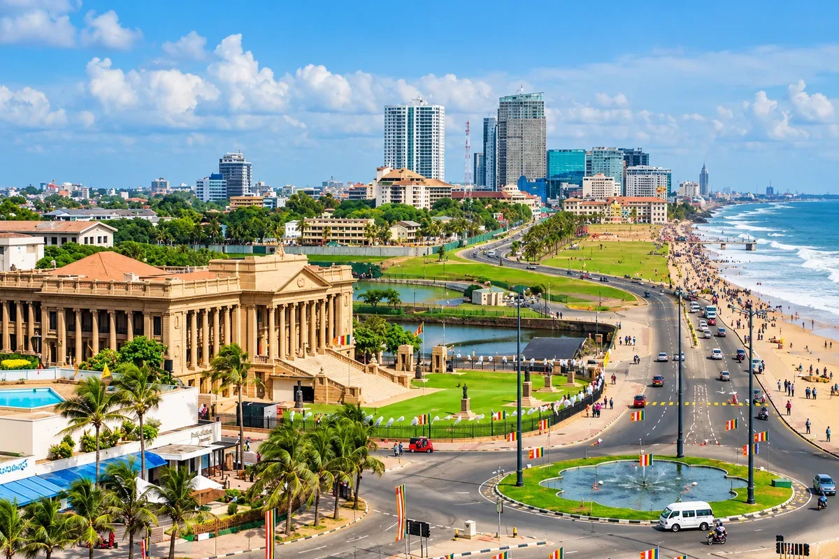 The Old Parliament building and Galle Face Green beside the sea in Colombo