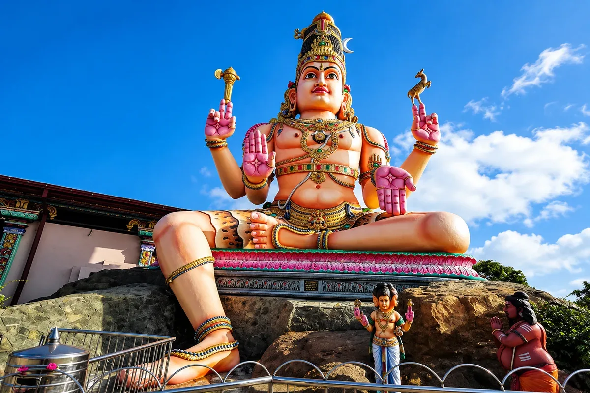 A large colourful statue of Shiva at a temple in Trincomalee