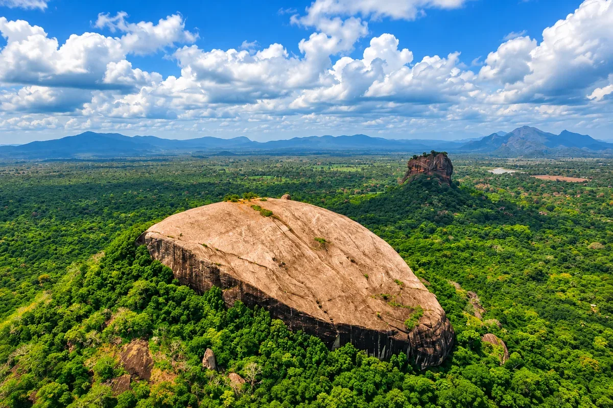 Pidurangala rock surrounded by forest with Sigiriya in the distance