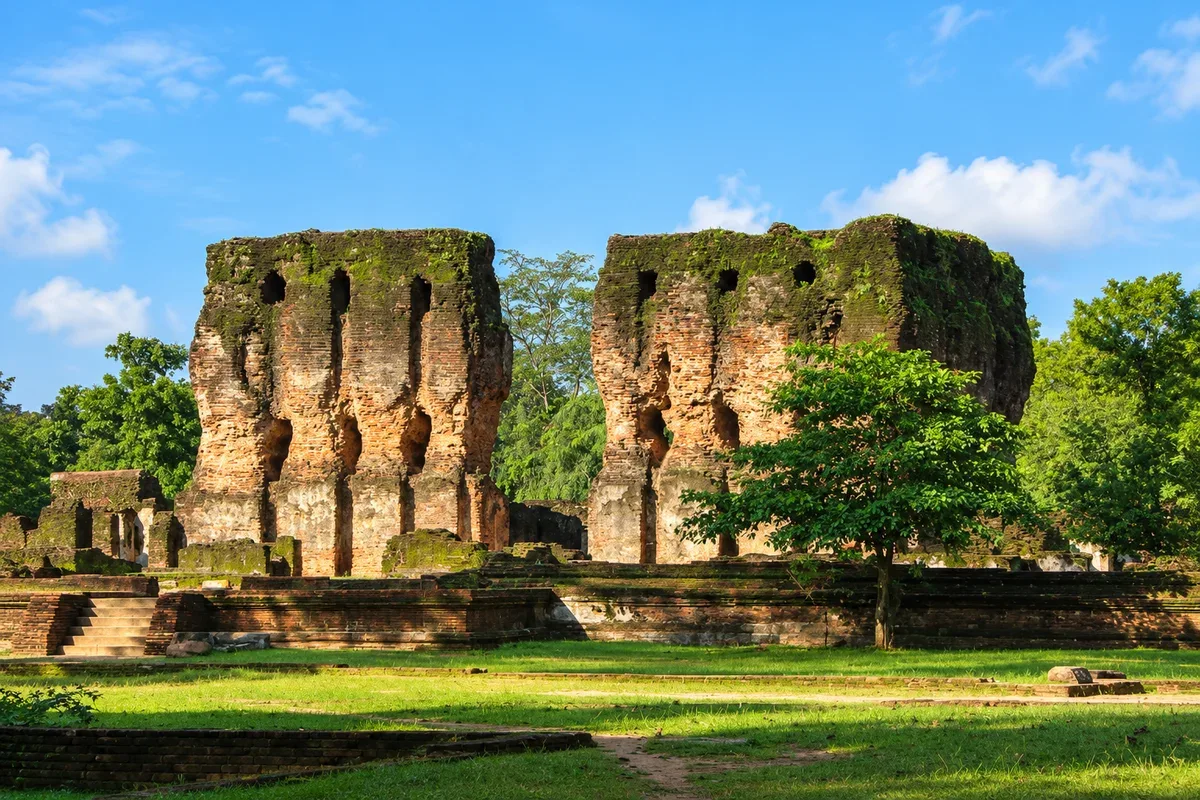 Ancient brick palace ruins surrounded by trees and grass in Polonnaruwa