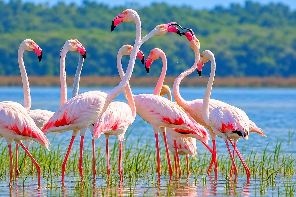 Pink flamingos standing in shallow water with green vegetation behind them