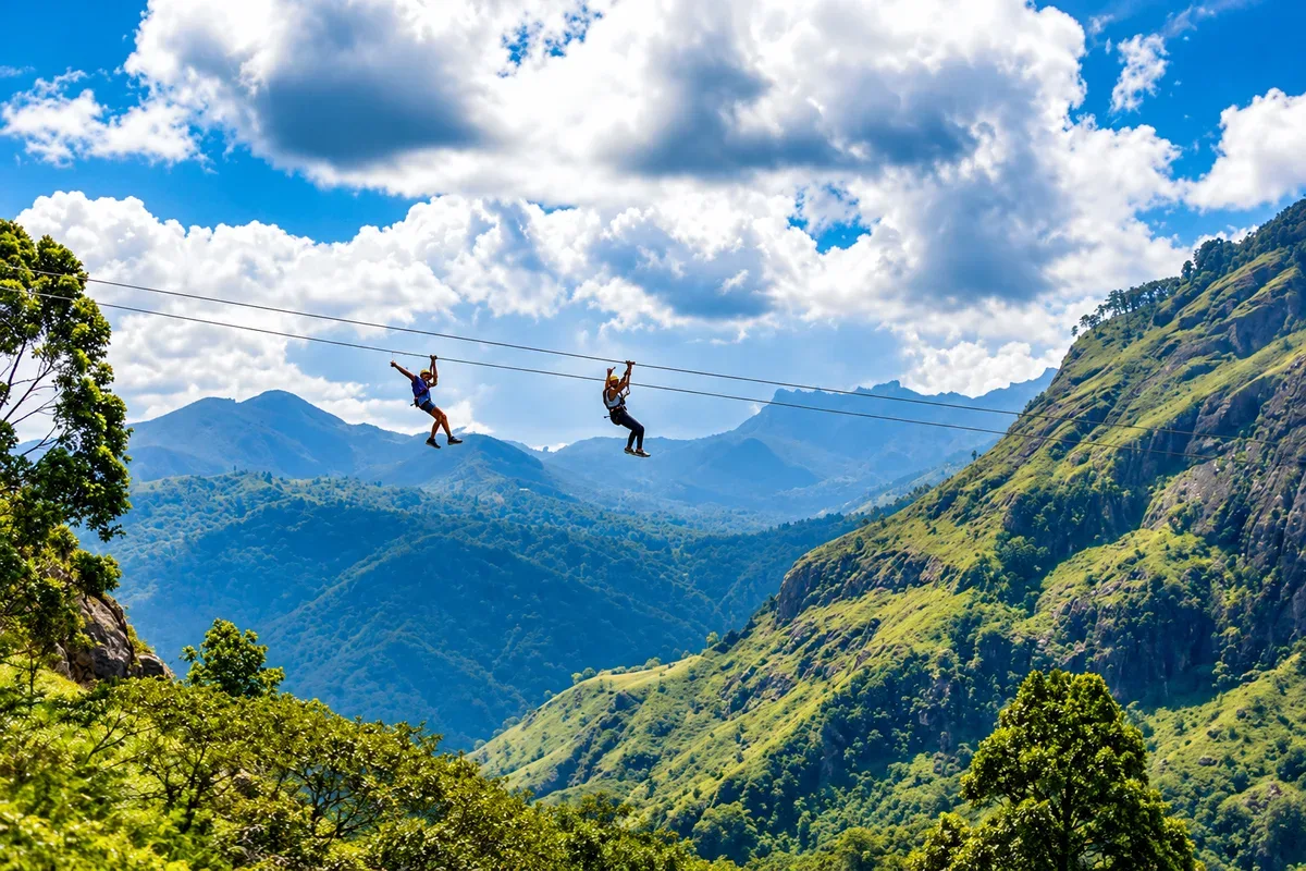 Two visitors riding a zipline above a mountain valley in Ella