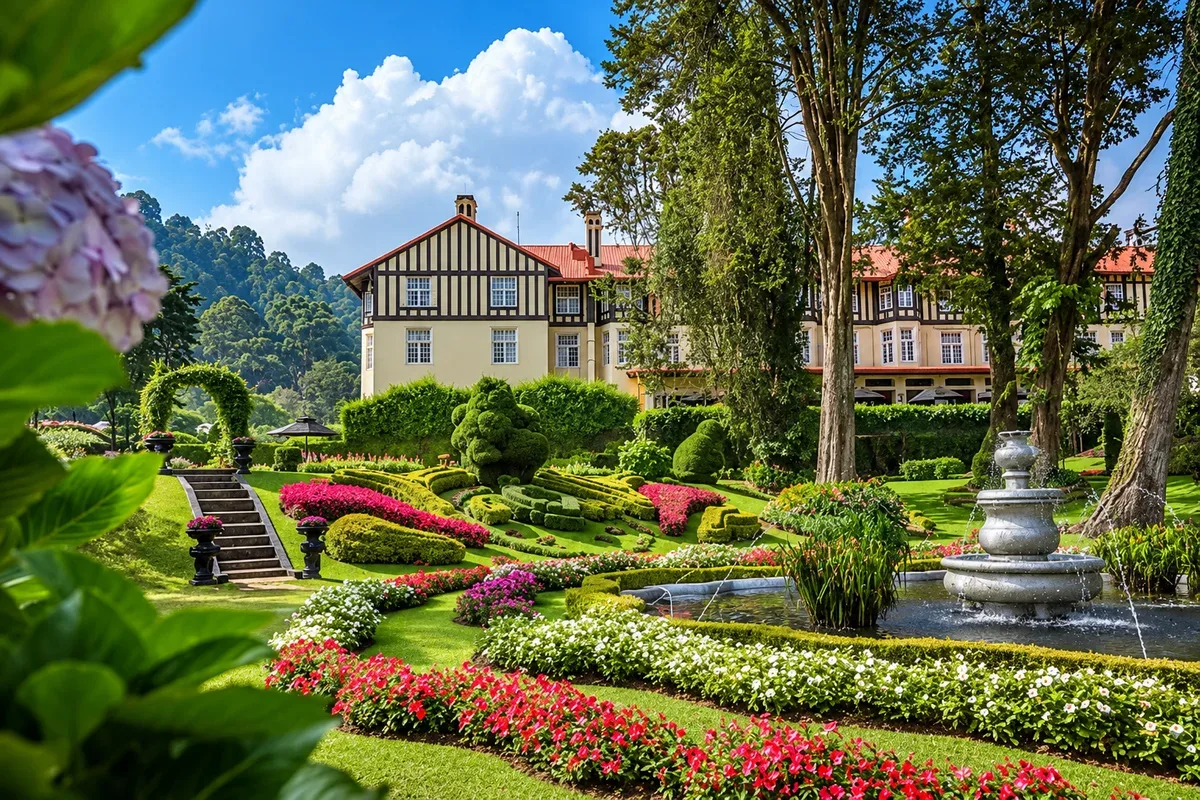 Flower gardens and a Tudor-style building in Nuwara Eliya