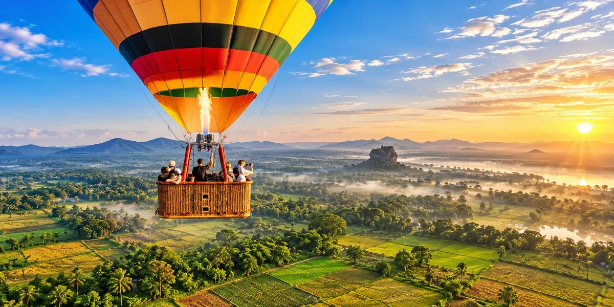 A hot air balloon above misty countryside at sunrise